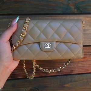 Authentic CHANEL Tan Lambskin Classic Flap Wallet on Chain WOC